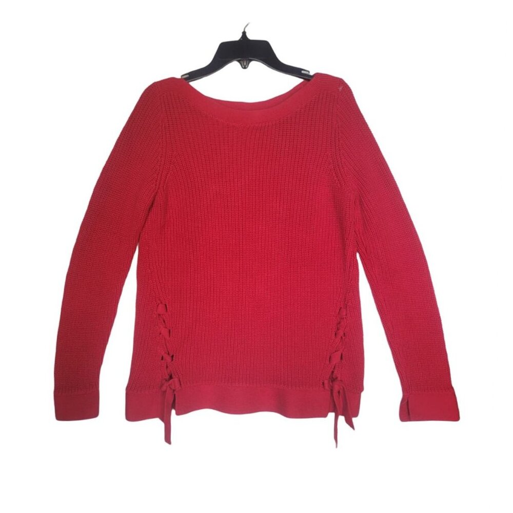 ⭐LOFT Women Sweater Size S Red Knit Warm soft with 2 lace up details in front⭐